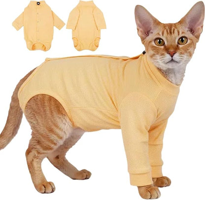 T'CHAQUE Cat Surgery Recovery Suit, Anti-Licking Onesie for Post-Spay/Neuter Abdominal Wound, Cat Recovery Suit with Adjustable Drawstring Collar - Long Sleeve Kitten Surgical Onesie, Orange, S