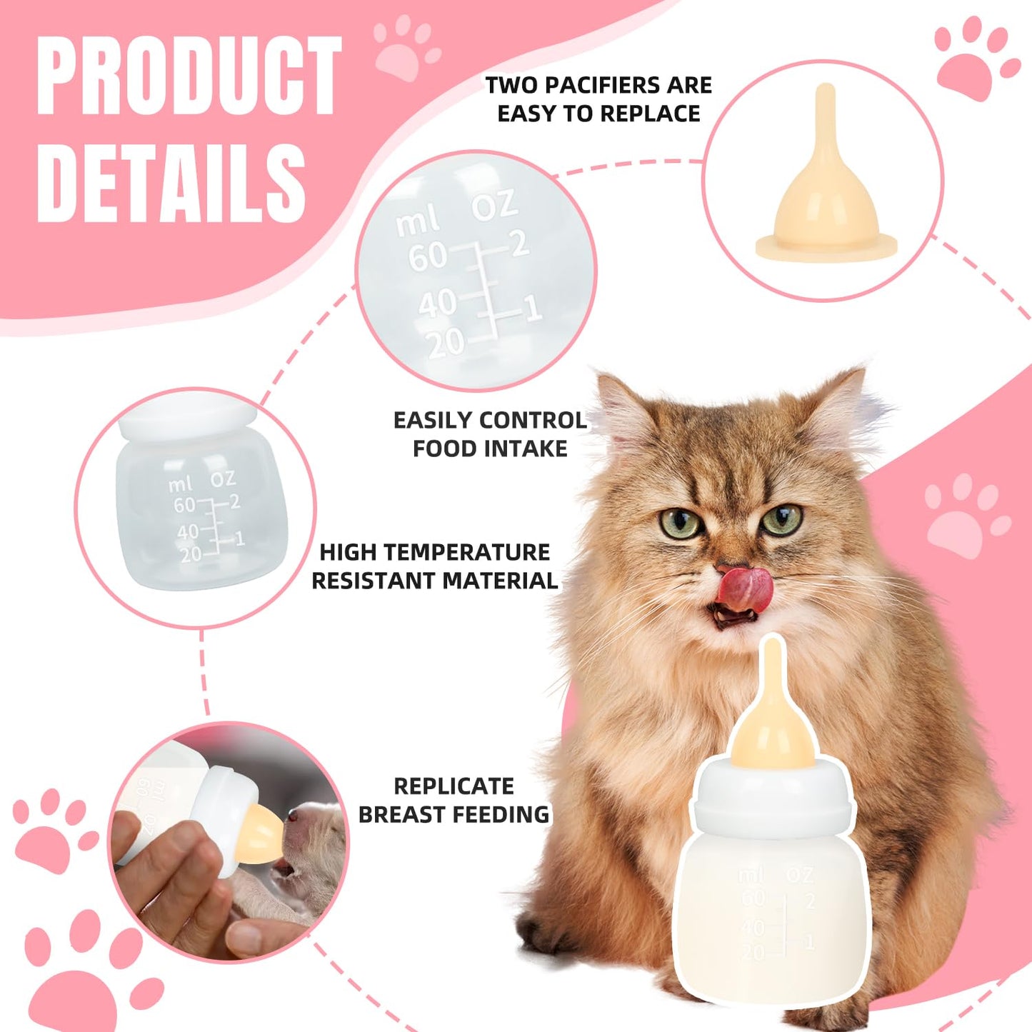 Professional Kitten Bottle Feeding Kit, Nipple&Feeding Kit for Kittens and Puppies, Reusable Newborn Kitten Supplies, Suitable for Feeding Kitten, Puppy, Rabbit.
