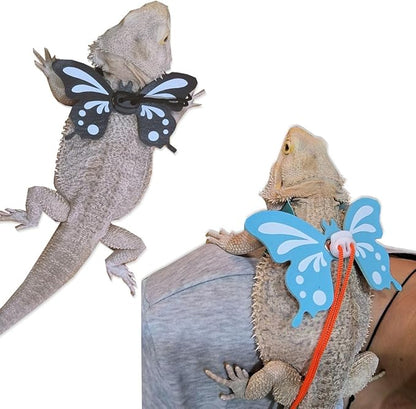 Bearded Dragon Leash and Harness - Adjustable 3 Size Pack Leather Butterfly Wings Harness Set, Lizard Costume Outdoor Walking Lead Control Rope for Iguana Gecko (Black)