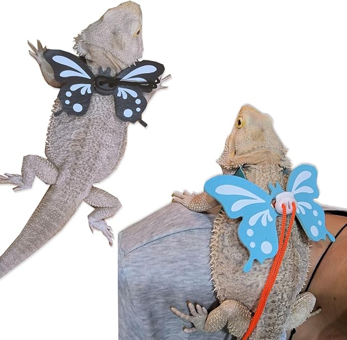 Bearded Dragon Leash and Harness - Adjustable 3 Size Pack Leather Butterfly Wings Harness Set, Lizard Costume Outdoor Walking Lead Control Rope for Iguana Gecko (Blue)
