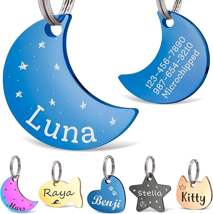Anavia Small Size Dog Cat ID Tags, Small/XS Personalized Color Plated Stainless Steel Puppy Kitten Name Tags, Customized Engraved Nameplate Pet Collar Tag (Blue, Moon)
