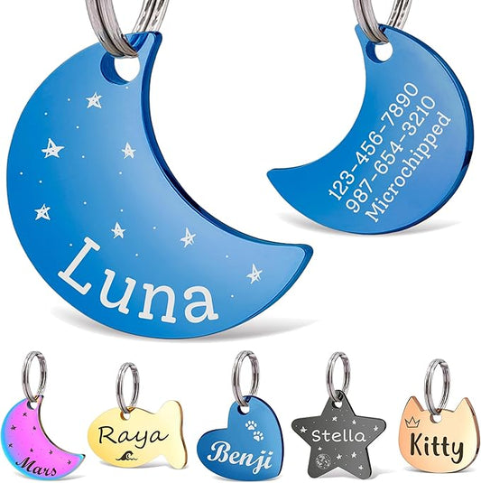 Anavia Small Size Dog Cat ID Tags, Small/XS Personalized Color Plated Stainless Steel Puppy Kitten Name Tags, Customized Engraved Nameplate Pet Collar Tag (Blue, Moon)