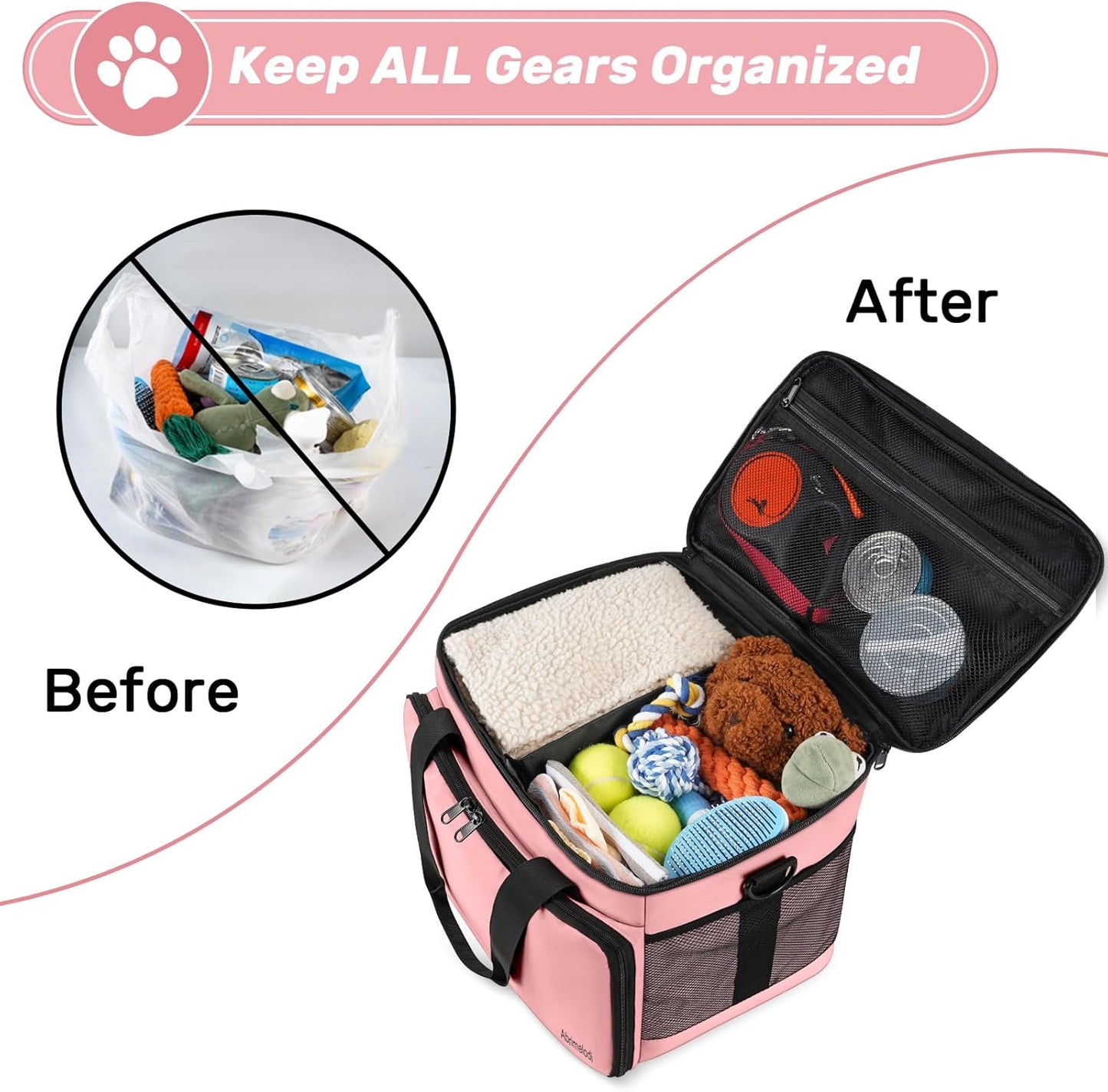 6 Set Dog Travel Bag, Large Pet Supplies for Dogs, Includes 2 Collapsible Dog Bowls, 2 Food Containers, 1 Treat Pouch with Pet Travel Bag, Pink