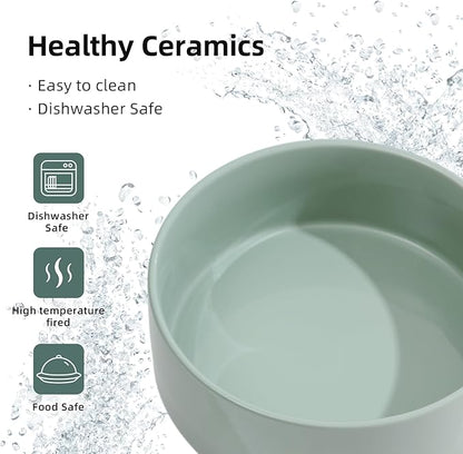 Ceramic 7.3inch Raised Double Bowls Set with Wooden Stand, Food & Water Bowls for Medium Breed Dogs, Weighted Dog Dishes, Pet Feeder(Light Green)