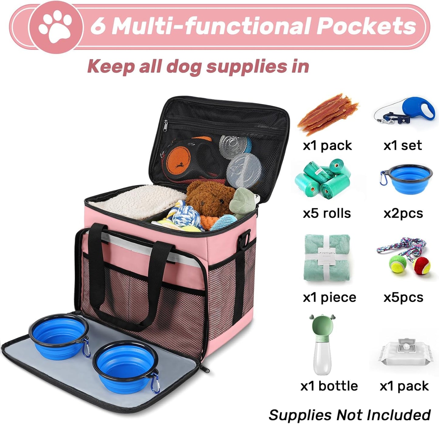 6 Set Dog Travel Bag, Large Pet Supplies for Dogs, Includes 2 Collapsible Dog Bowls, 2 Food Containers, 1 Treat Pouch with Pet Travel Bag, Pink