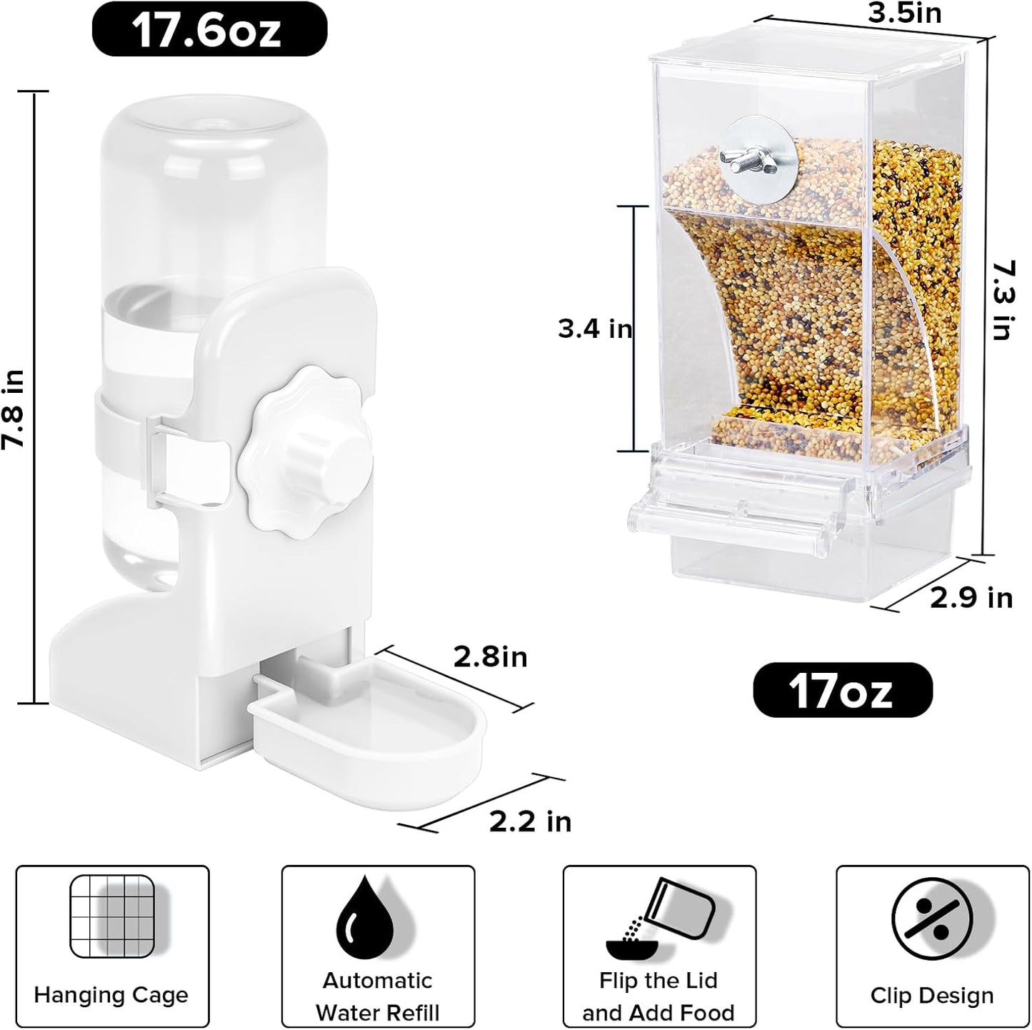 No Mess Bird Feeder Water Dispenser Set, Parakeet Cage Accessories, Bird Feeder and Waterers in Cage for Cockatiels, Finches, Lovebirds, Budgies, Canaries