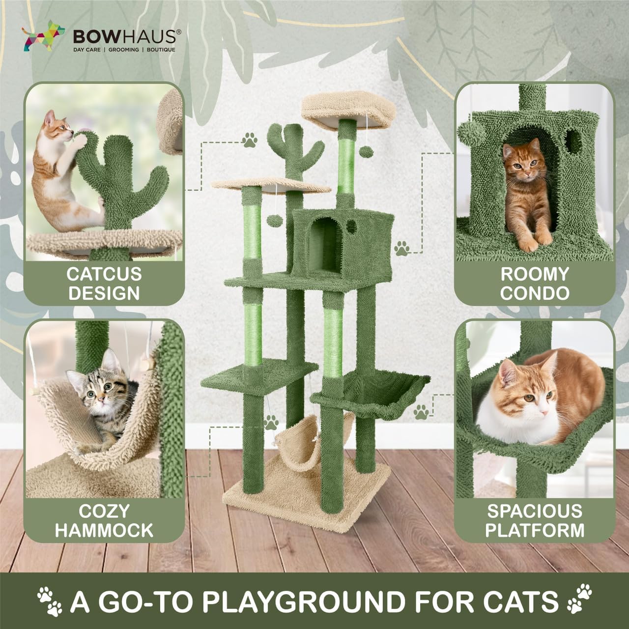 CAPHAUS Cactus Cat Tree for Indoor Cats, Cute 70-Inch Cat Climbing Play Tower with Top Perch for Large Cats Kittens, Multi-Level Cat Activity Tree with Scratching Posts, Hammock, Cat Cave Condo