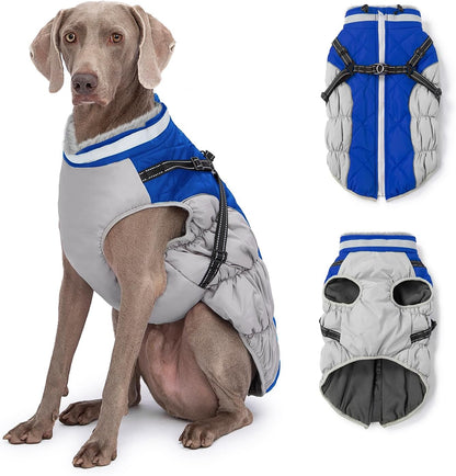 Dog Winter Coat with Harness, Dog Jacket, Pet Clothes with Zipper on Back, Waterproof Windproof Warm Vest, Reflective Cold Weather Coats, for Small Medium Large Dogs, Thick, Blue, 2XL