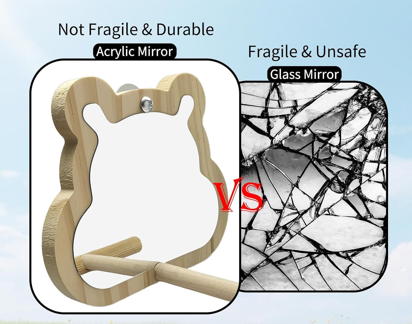 Wooden Bird Mirror with Perch for Cage, Parakeet Toys, Budgie Interactive Toys,Bird Cage Accessories for Parrots Cockatiel Conure Lovebirds Finch Canaries