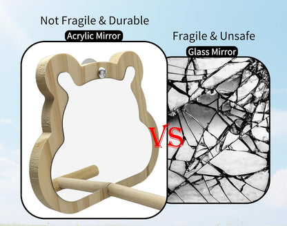 Wooden Bird Mirror with Perch for Cage, Parakeet Toys, Budgie Interactive Toys,Bird Cage Accessories for Parrots Cockatiel Conure Lovebirds Finch Canaries