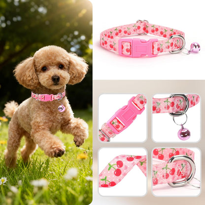 Small Dog Collar with Bell - Durable Nylon Collar for Small Breeds,Adjustable Cute Fruit Pattern Collar for Chihuahua Pomeranian Yorkie, Heavy-Duty for Active Puppies（Cherry S）