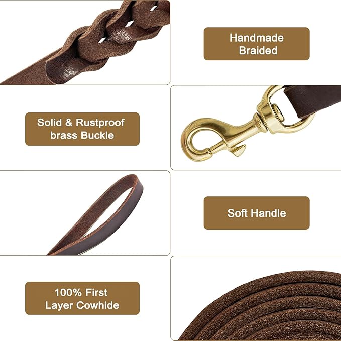 Guiding Star Leather Dog Leash 6ft, Dog Leashes for Large Dogs Heavy Duty, Soft Braided Handmade Leather Training Leash for Large & Medium Dogs (6ftx1/2inch, Brown)