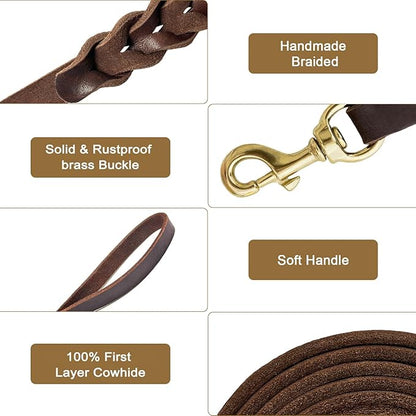 Guiding Star Leather Dog Leash 6ft, Dog Leashes for Large Dogs Heavy Duty, Soft Braided Handmade Leather Training Leash for Large & Medium Dogs (6ftx1/2inch, Brown)