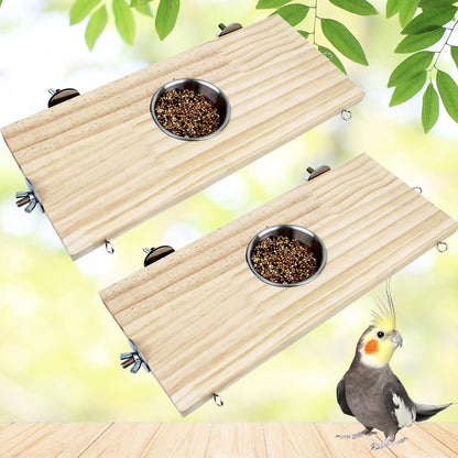 FlidRunest 2 Pack Bird Perch Bird Feeding Cup Parrot Wood Perch Stand Toy Bird Cage Accessory for Parakeet Lovebird Conure Budgie Canary Finch Small Parrots 11.8x5.1 Inches