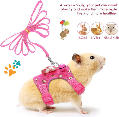 SATINIOR 2 Pieces Small Hamster Harness and Leash Set, Ferret Guinea Pig Clothes with Bowknot and Bell Decor, No Pulling Comfort Padded Vest Striped for Rats Bunny Rabbit Small Animals(S,Blue, Pink)
