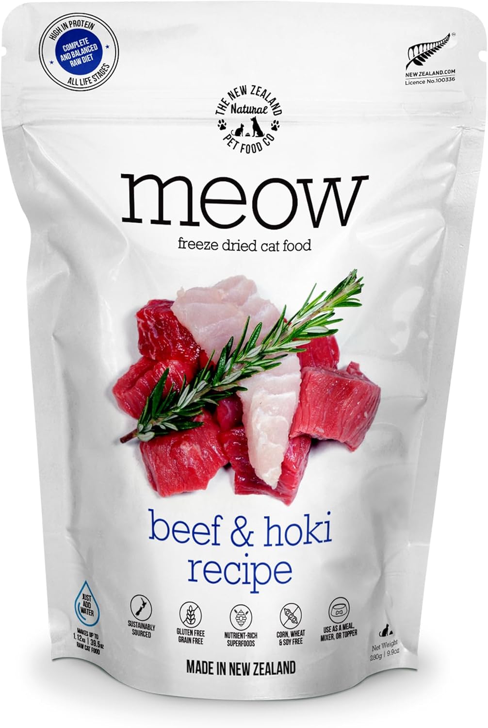 The New Zealand Natural Pet Food Co Meow Freeze Dried Cat Food - Beef & Hoki Recipe, High Protein Treats, Meals & Toppers, Dry Cat Food, 9.9 oz