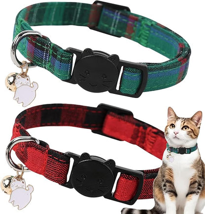Unique style paws 2 Pack Christmas Kitten Collar Breakaway with Bell & Pendant, Adjustable Safety Cat Cotton Collars for Girl Boy Cats and Small Pets