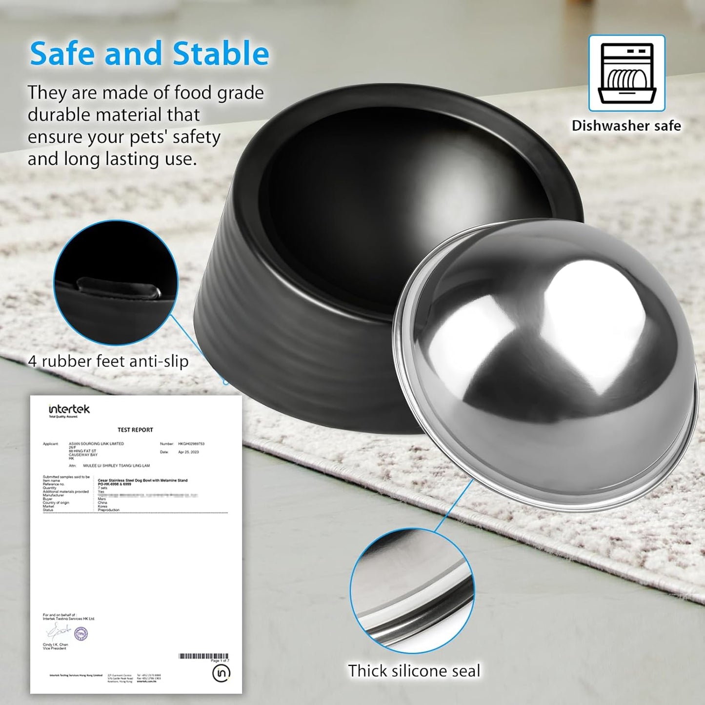 Tilted Slanted Dog Bowl 1 Cup, 15° Tilted Stainless Steel Dog Cat Food Bowl, Non-Slip & Non-Spill Pet Feeder with Elevated Detachable Melamine Stand, Easy to Get Food Dish, Medium Black