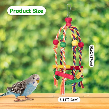 2PCS Dangly Rope Bird Toys，Medium and Small Birds Toys Multicolored Natural Wooden Bird Chewing Bird Cage Accessories for Parakeet Parrot Conure Cockatiel Budgies Lovebird Cage Toy