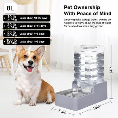 Sfozstra Automatic Dog Water Dispenser: 8L Large Gravity Light Gray Waterer with Stainless Steel Bowl - 100% BPA-Free - Suitable for Pet Owners Garden/Apartment