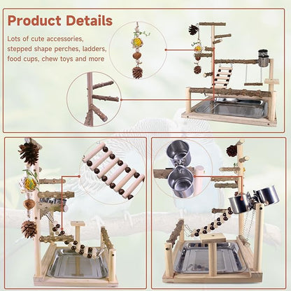 Bird Playground Natural Parrot Toys Perch Stand Cockatiel Swing with Chew Toys Parrot Platform with Feeder Cups Parakeet Playground Bird Cage Play Stand for Conure Parakeet Cockatiel