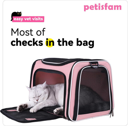 petisfam Soft Pet Carrier for Medium Cats and Small Dogs with Cozy Bed, 3 Doors, Top Entrance | Airline Approved, Escape-Proof, Breathable, Leak-Proof, Easy Storage (Pink)