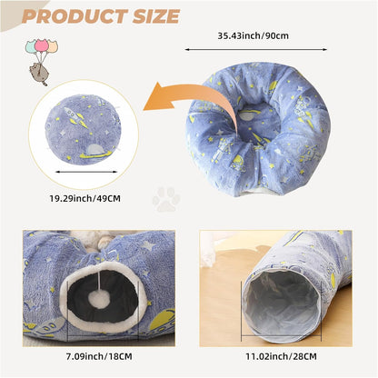 Large Cat Tunnels Bed Tube for Indoor Cats Glows in The Dark Cat Tunnel with Cushion and Plush Ball Toy Longer Playground Toys for Dog Puppy Kitten Rabbit Bunnies Ferret Pet Blue