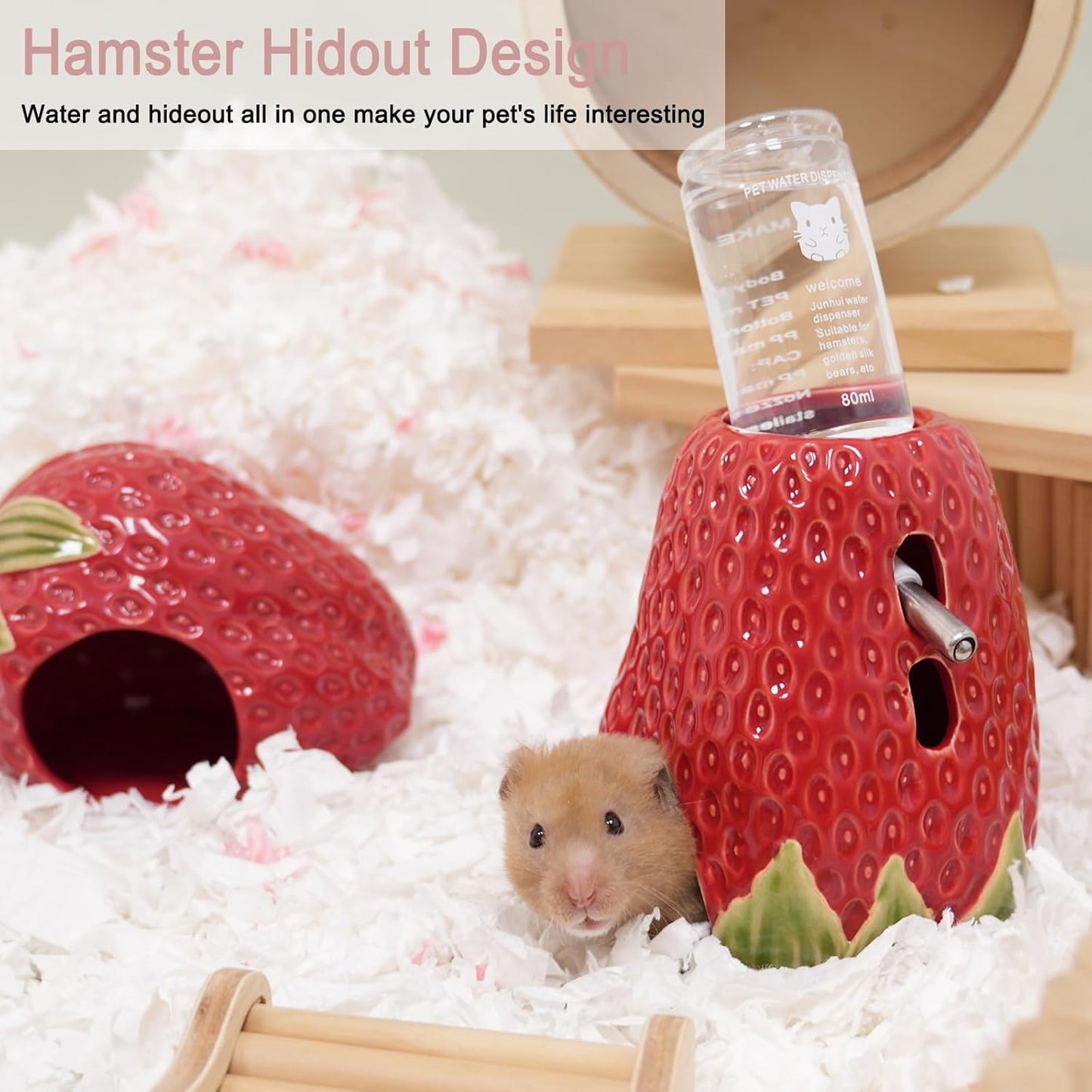 Hamster Water Bottle, Strawberry Ceramic Hamster Gerbil Water Bottle for Glass Tank, Dispenser, 80ML Bottle for Water Holder Stand with 2 No Drip Caps for Syrian Mice, Gerbil