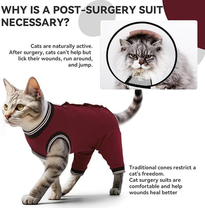 T'CHAQUE Cat Clothes Surgery Recovery Suit for Female Male, Cat Onesie Pet Surgical Pajamas Long Sleeve, Abdominal Wound Healing, E-Collar Alternative, Spay/Neuter Recovery Garment-Burgundy-M