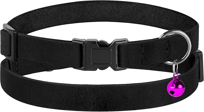 Breakaway Cat Collar Leather with Removable Bell - 13 Colors Available - Soft Adjustable Girl Boy Safety Lightweight Pet Kitten Collars Pink Brown Blue Green Red Orange Black (Black)