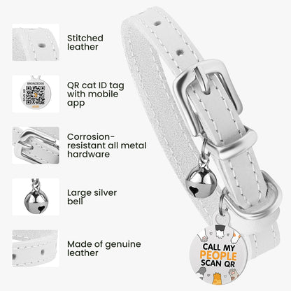 BRONZEDOG Leather Cat Collar with Removable Bells Non Breakaway Kitten QR Tag for Girl Boy (7" - 9" for Cats, White & Silver)