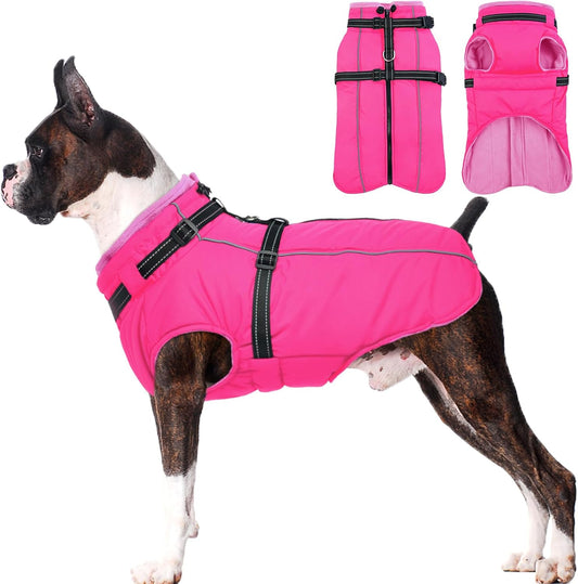 Lelepet Dog Winter Coat Waterproof Dog Jacket with Harness Built in Windproof Reflective Pet Coats for Small Medium Large Dogs, Thermal Fleece Lined Coats for Cold Weather Walking Hiking, Rose Red, L