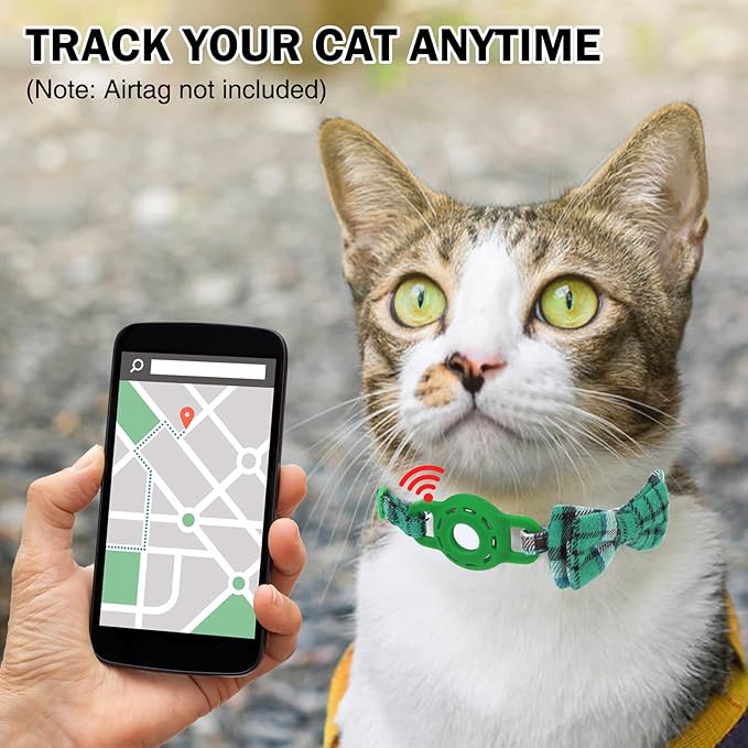 Airtag Cat Collar Breakaway with Bells and Bowtie -Upgraded Safety Kitten Collar for Air Tag Holder -Cute GPS Cat Tracker Collars for Girl Boy Cats, Kitty and Puppies, Green