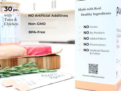 Purrly Cat Treat Topper Lickable Wet Squeezable Healthy Human-Grade Tuna & Chicken Breast with Prebiotic and Dietary Fiber for Indoor Cats (30 Count) Grain-Free Non-GMO No-Preservatives