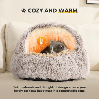 CATISM Cat Bed, Plush Hooded Cat Beds for Indoor Cats, Self Warming Cats Beds Cave, Cozy Pod for Indoor Kitten or Small Dog, Removable Washable with Non-Slip Bottom
