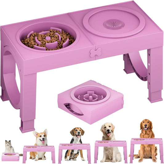 XIAZ Slow Feeder Dog Bowl Elevated Food and Water Bowl Stand for Large Medium Sized Dog, 4 Heights Adjustable, Non-Slip, Durable, Prevents Bloating & Improves Digestion for Dogs