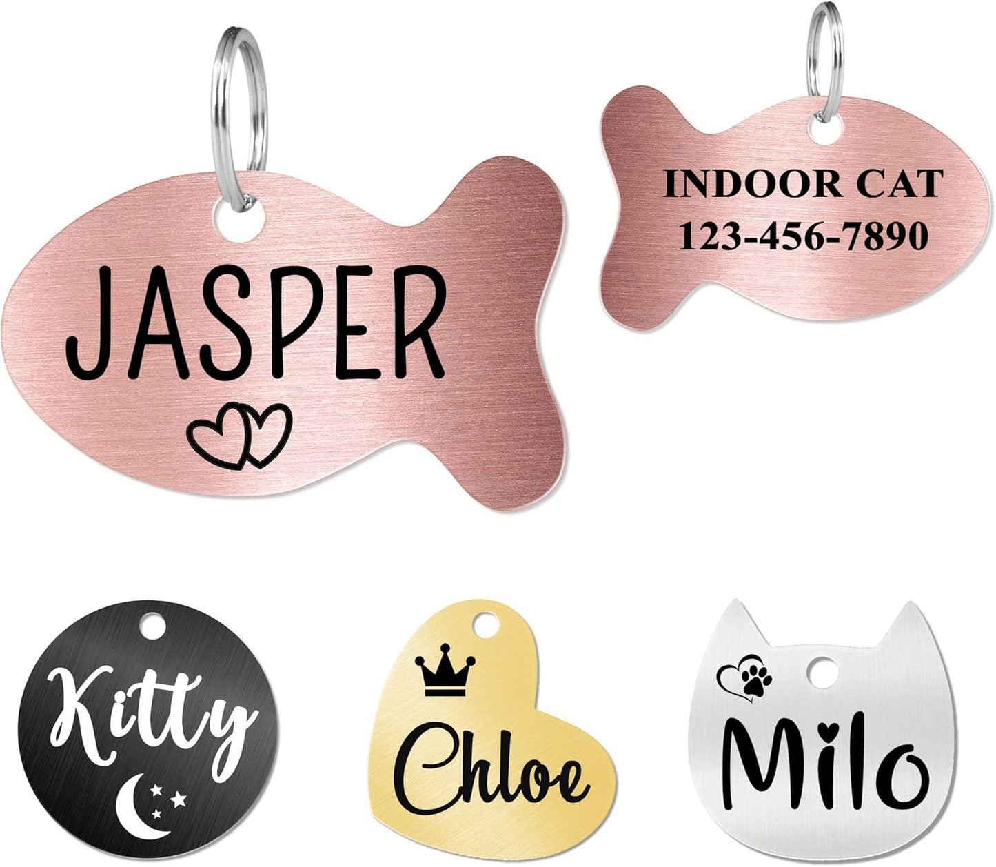 Ultra Joys Cat ID Tag Personalized Pet Tags, Durable Stainless Steel Small Pet Mini Dog Cat Tag Lightweight - Fish Tag in Rose Gold