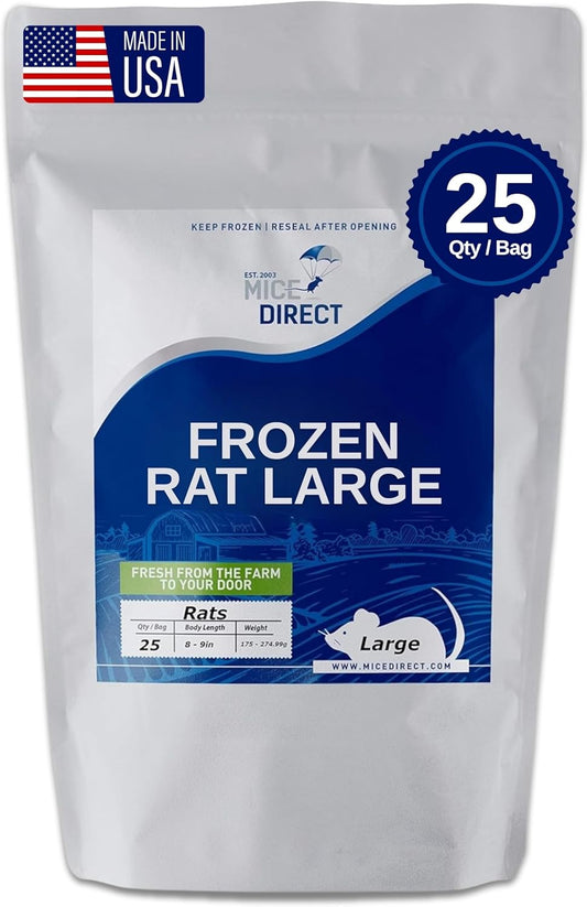 MiceDirect EST. 2003 25 Frozen Large Feeders Snake Food for Adult Ball Pythons Monitors Lizards Birds of Prey (8-9 in) (4375 Grams Min)