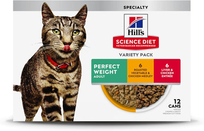Hill's Science Diet Adult 1-6 Perfect Weight Wet Cat Food, Variety Pack: Liver & Chicken Minced; Chicken Stew, 2.9 oz. Cans, 12-Pack