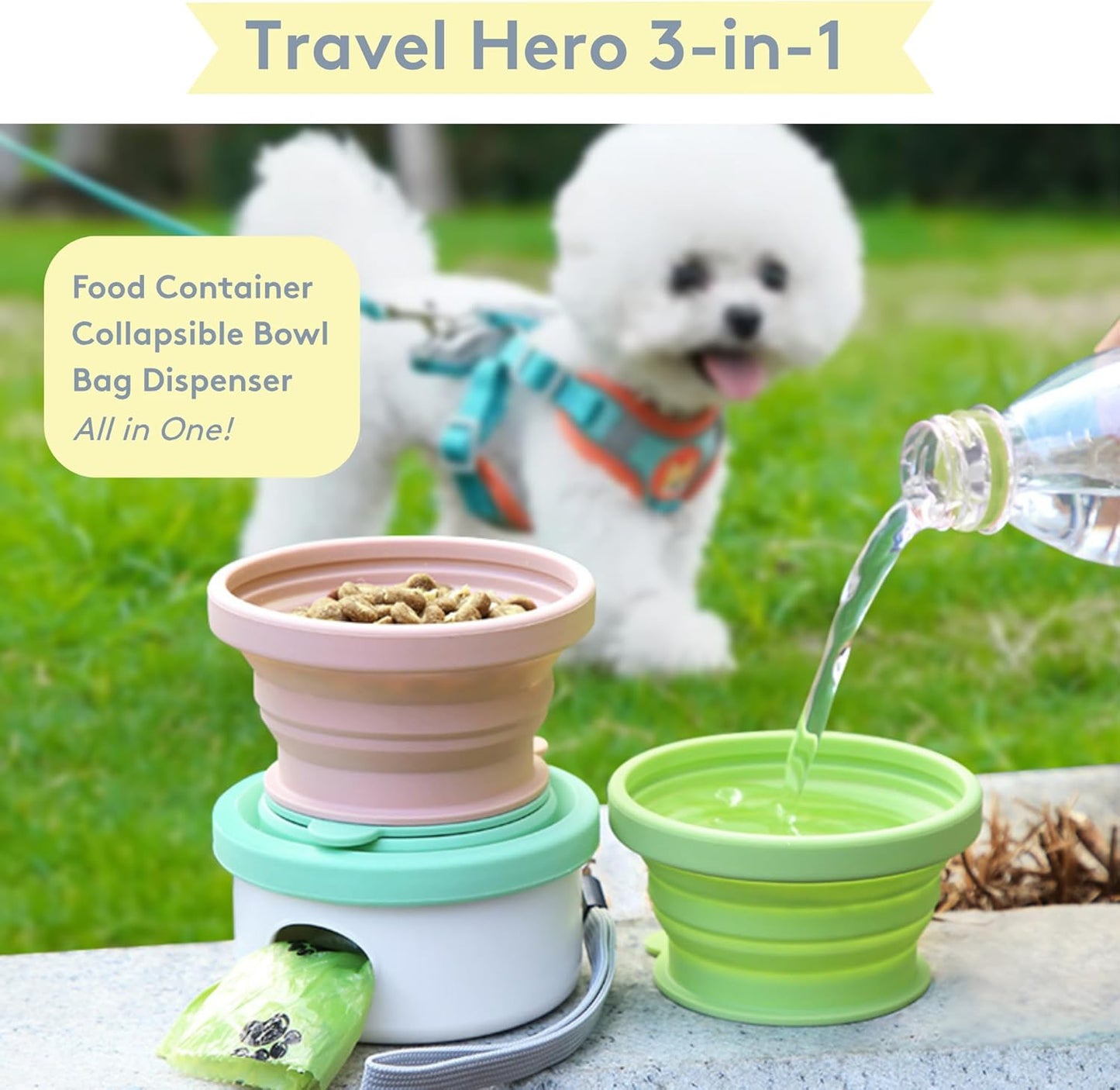 Sweet Paws Travel Hero 3-in-1 Portable Pet Food Container, Silicone Water Bowl, and Poop Bag Dispenser in One, Sea Glass