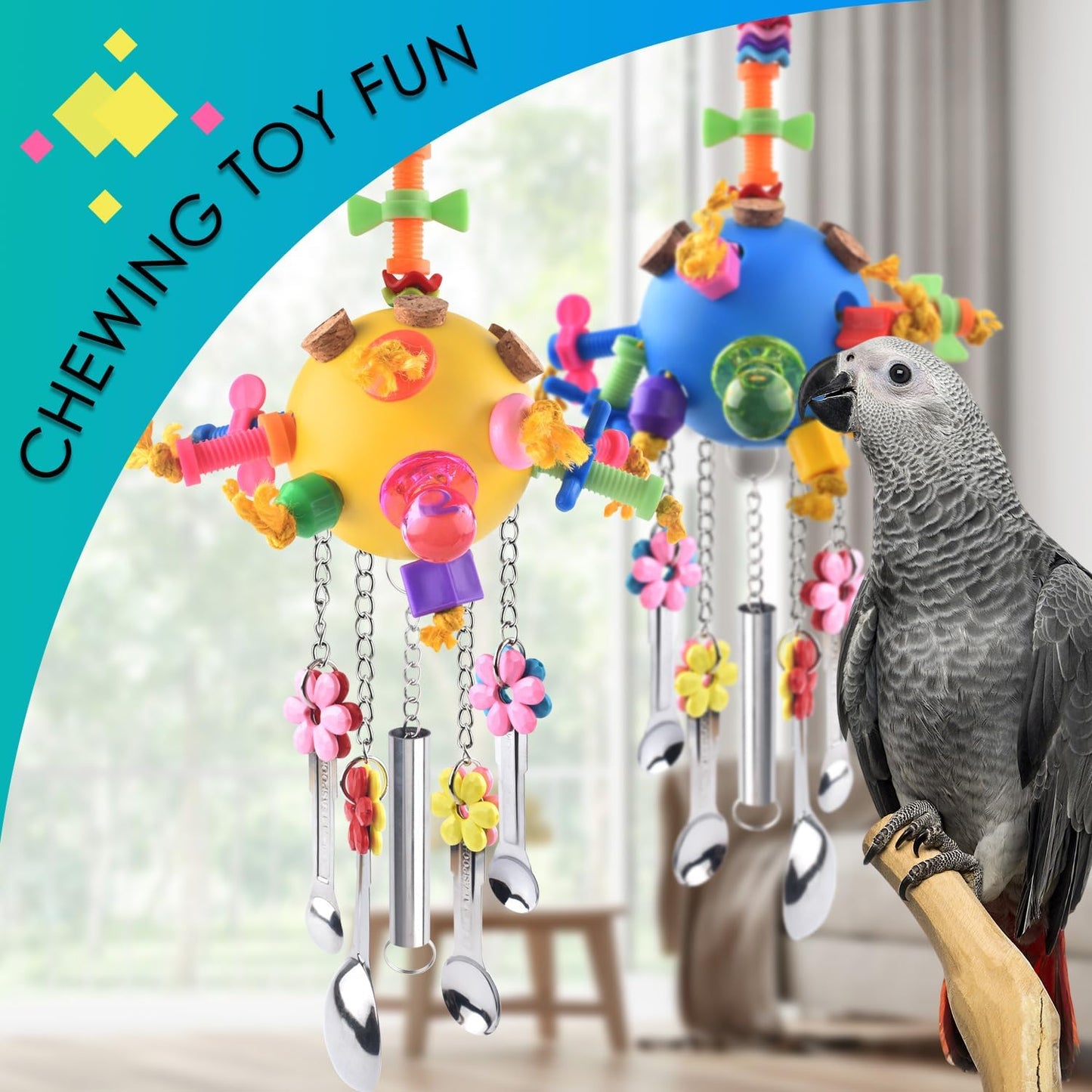 KATUMO Bird Toys, 2PCS Parrot Pull Spoons Colorful Acrylic Stick Chew Toys for Amazon Parrot, Parakeet, African Grey, Conure, Caique, Quaker, Small Cockatoo, Mini Macaw, Eclectus and Similar Birds