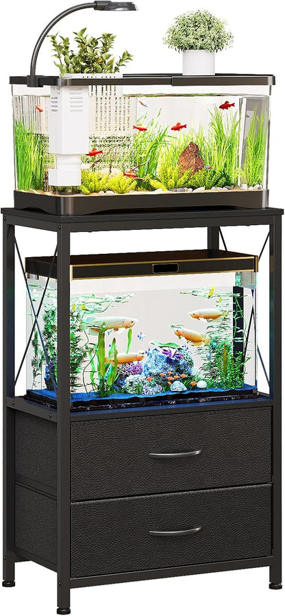 Aquarium Stand 10 Gallon with 2-Tier Shelf, Fish Tanks Stand with 2 Drawers, Metal Frame Heavy Duty Reptile/Turtle Tank Stand for Home Office, Fish Tanks Accessories Storage, Black