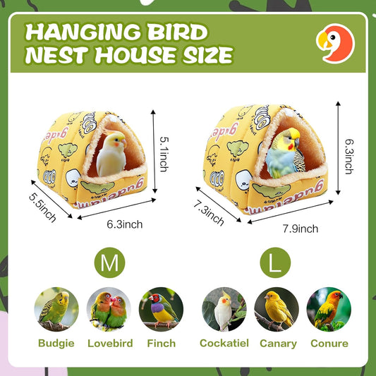 SUSOO Plush Warm Bird Nest House - Hanging Snuggle Bed Velvet Shed Hut Cage Fluffy Hideaway Winter Sleeping Hammock for Parrot Parakeet Conure Cockatiel Budgies Lovebird (Yellow, L)