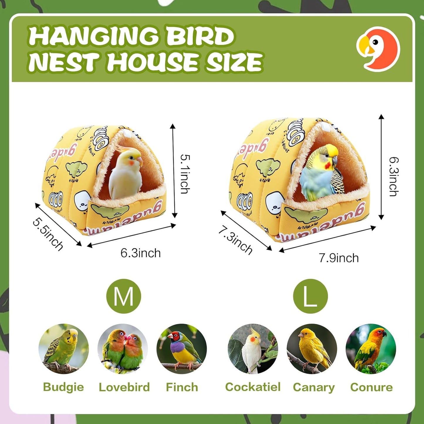 SUSOO Plush Warm Bird Nest House - Hanging Snuggle Bed Velvet Shed Hut Cage Fluffy Hideaway Winter Sleeping Hammock for Parrot Parakeet Conure Cockatiel Budgies Lovebird (Yellow, M)