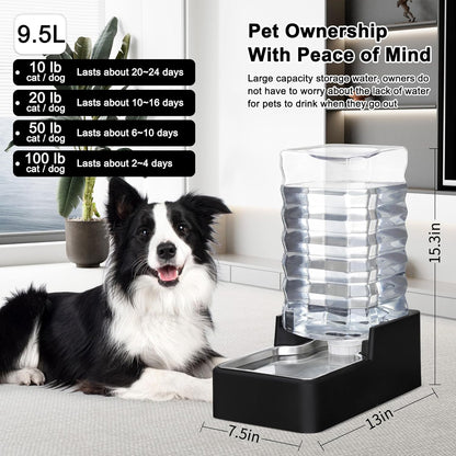 RIZZARI Stainless Steel Pet Water Feeder: 9.5L Black Automatic Leak-Proof Gravity Dispenser - Without Filter - for Senior 40-60 LB Dogs with Joint Spine Issues -Garage Living Room