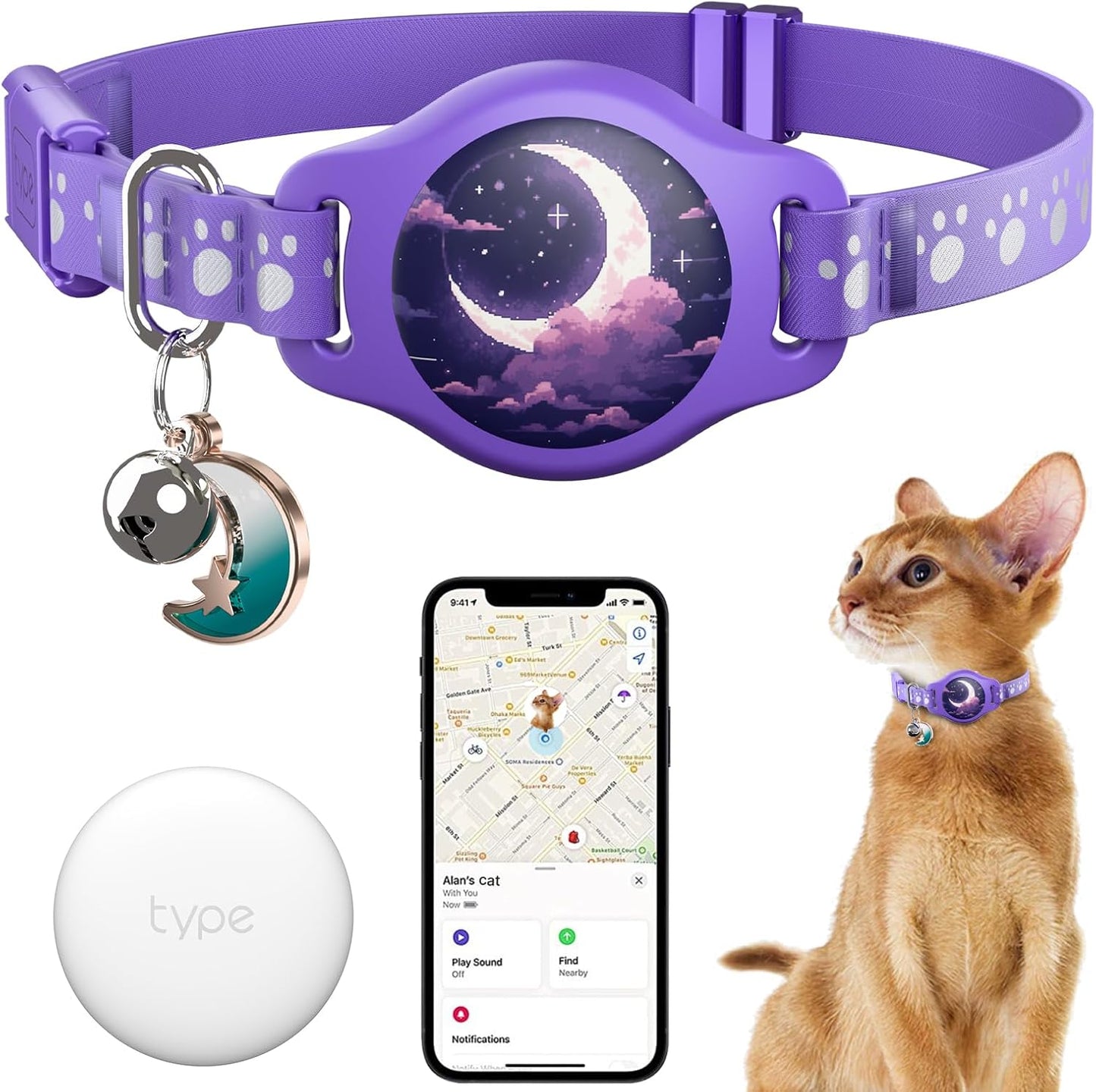 Cat Tracker Collar - Waterproof Airtag Cat Collar with Finder Tag (iOS ONLY), Compatible with Apple Find My, Breakaway Tractive Design with Reflective Pattern & Bell, Purple(Not for Android Devices)