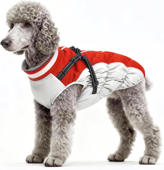 Dog Winter Coat with Harness, Dog Jacket, Pet Clothes with Zipper on Back, Waterproof Windproof Warm Vest, Reflective Cold Weather Coats, for Small Medium Large Dogs, Thick, Red, M