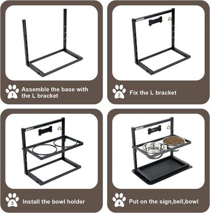 Elevated Dog Bowls with Slow Feeder for Large and Medium Dogs, Adjustable Height Raised Dog Bowl Stand with 2 Stainless Steel Bowls and Spill-Proof Mat, Dog Feeder for Healthy Eating (Grey)
