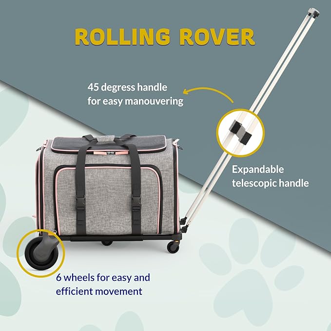 Katziela Rolling Rover Airline Compliant Expandable Premium Pet Carrier 6-Wheeled Baseboard Telescopic Handle Two-Sided Expandable Rolling Carrier Designed (Gray- Pink Piping)