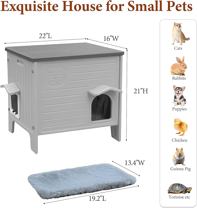 Cat House Outdoor with Cat Mat Weatherpoof Plastic Cats Houses with Escape Door Indoor Waterproof Feral/Pet Cat Shelter Outside for Puppy, Rabbit(Grey)